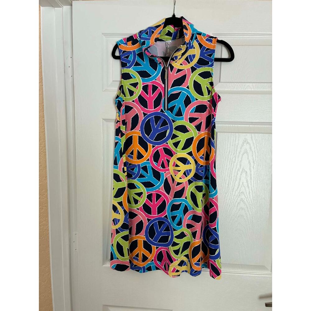 PBJ Peace Sign Sleeveless Zip Neck Dress Medium Colorful A-Line Casual
